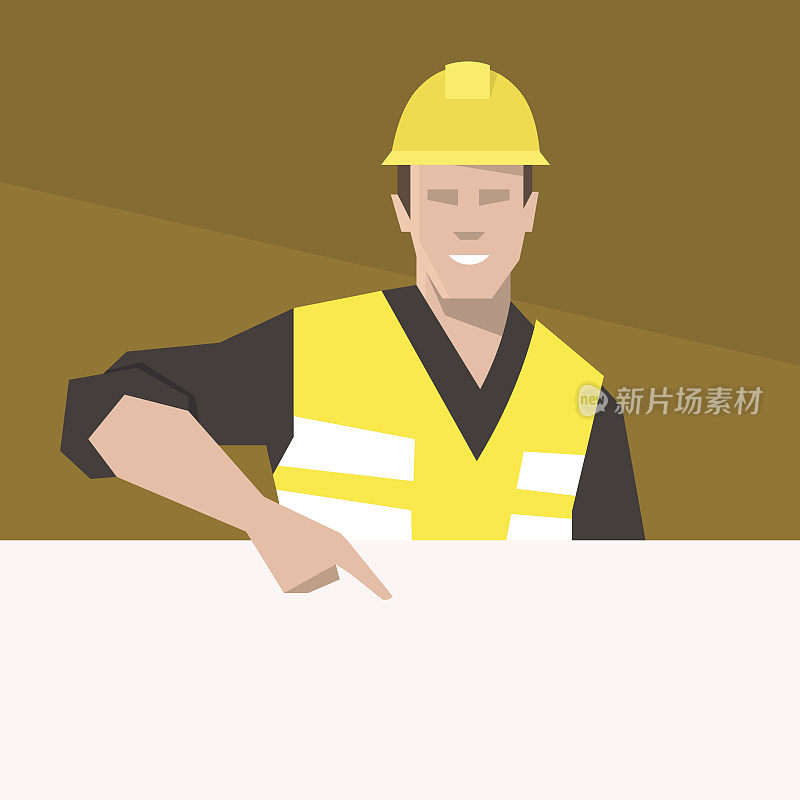 Construction worker pointing on the blank banner. Flat vector illustration.